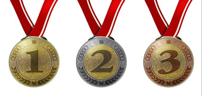 Set of three medals with numbers and ribbon